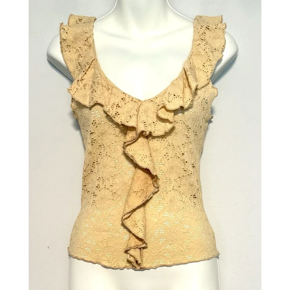 Vintage Y2K Identity Eyelet Lace Ruffle Front Tank Sz L Sleeveless Stretch 90s